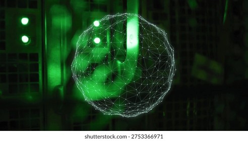Glowing wireframe network sphere floating in data center, with green light bar and indicator lights. Orb, mesh, neon, emerald, grid, dark, reflective - Powered by Shutterstock - Get 15% off with code: PIKWIZARD15