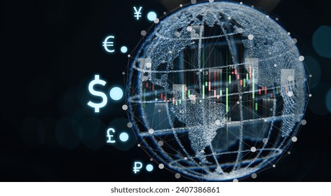 Glowing world with main currency include dollar yuan yen euro pound sterling won and ruble for global forex exchange and money trade transfers concept. - Powered by Shutterstock - Get 15% off with code: PIKWIZARD15