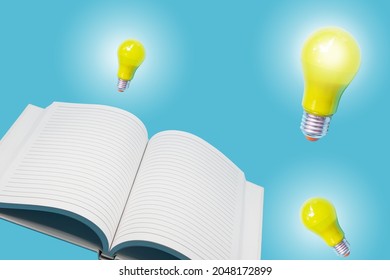 Glowing Yellow Light Bulb With Open White Notebook On Light Blue Background , Innovation And Ideation Concept