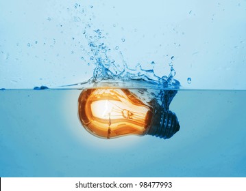 Glowing Yellow Light Bulb In Water