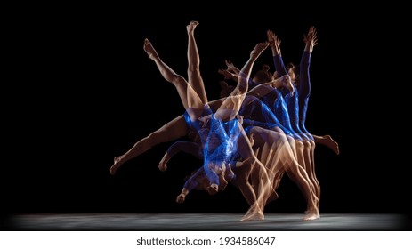 Glowing. Young flexible girl on black studio background in strobe, neon light. Fit female model practicing artistic gymnastics. Exercises for flexibility, balance. Grace in motion, sport, action.