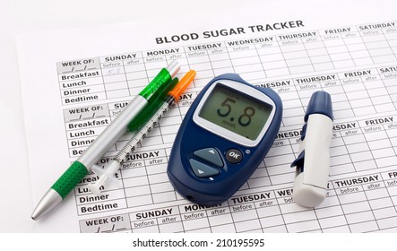 Glucometer, Diabetes Syringe, Pen And Medical Form On White Background