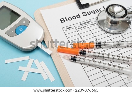 Glucometer and insulin syringe, lancing device tester strip. On blue background.