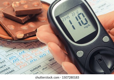 Glucometer With Sugar Level In Hand And Portion Of Chocolate On Medical Form With Results Sugar Level