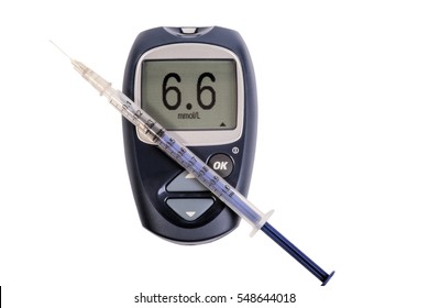 Glucose Meter For Blood Sugar Monitor With High Blood Sugar Indication, Healthcare Medical Equipment. Insulin Syringe With Needle Without Cap Lying On The Meter. Isolated On White Background.