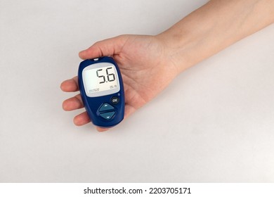 Glucose Meter In Hand. The Concept Of Blood Glucose Control By A Diabetic. White Background.