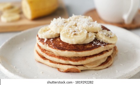 Gluten Free Banana Pancakes With Coconut Flakes. Healthy Diet Breakfast Food