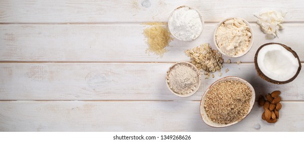 Gluten Free Concept - Selection Of Alternative Flours And Ingredients, Copy Space