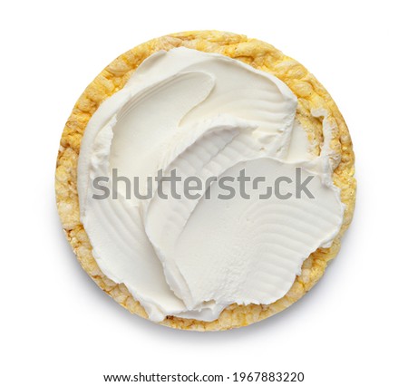gluten free corn cake with cream cheese for healthy breakfast isolated on white background, top view