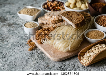 Gluten free diet concept - selection of grains and carbohydrates for people with gluten intolerance, copy space