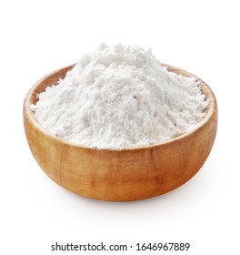 Gluten Free Flour. Wooden Bowl Of Rice Or Wheat Flour Isolated On White Background.