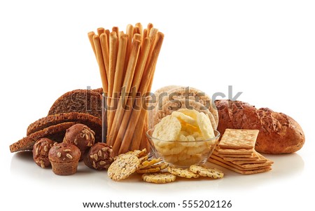 Gluten free food. Various snacks and bread isolated on white background.