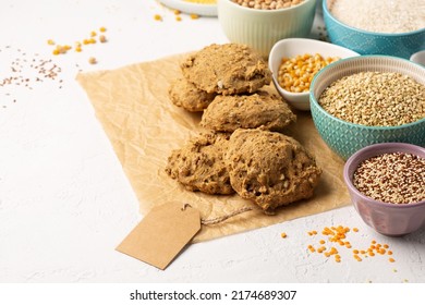 Gluten Free, Healthy Eating, Dieting, Balanced Food Concept. Bread Gluten-free, Millet, Quinoa, Polenta, Buckwheat, Rice, Chickpea On White Background, Copy Space. 