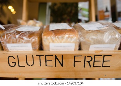 Gluten Free loaf of breads on display in a health food shop. Concept photo of healthy food lifestyle. - Shutterstock ID 142037104