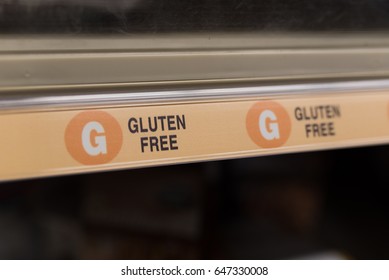 The Gluten Free Section Of The Grocery Store. (GF) Gluten Free Signs In The Aisle.