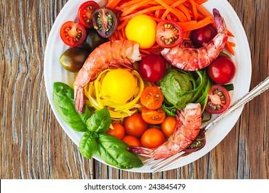 Gluten Free Vegetable Zucchini Spaghetti Pasta Noodle Dish, Shrimp Pesto Heirloom Tomatoes Nordic Carrots Autoimmune Protocol Sustainable Natural Ingredient Produce Locally Grown & Sourced, Instagram 