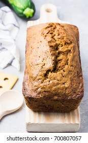 Gluten free zucchini bread on concrete background. Selective focus, space for text.