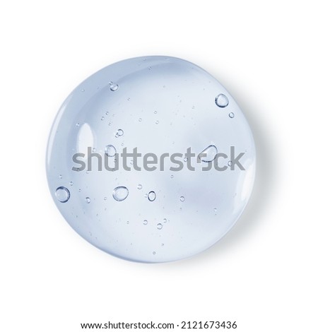 Glycerin gel texture. Blue serum toner drop isolated on white background. Liquid gel moisturizer with bubbles macro