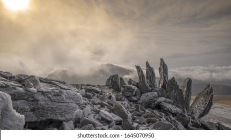 Glyder Fawr Snowdonia Winter Aerial View With Frozen Stones And Rocks