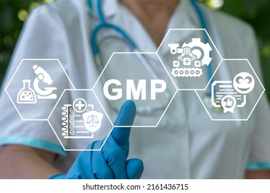 GMP Good Manufacturing Practice Medical Pharmacy Сoncept. Quality Control Standards Medicines, Pharmacological Drugs Production.