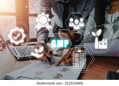 GMP Good Manufacturing Practice Medical Pharmacy Сoncept, PBusiness Team Analyzing Income Charts And Graphs With VR Screen GMP Icon Background, Industrial Practices Quality Assurance Education.