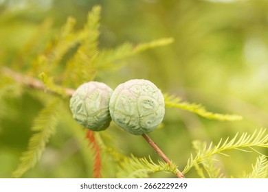 The gnarled, and knobby, developing fruit or cones of a bald cypress tree, Taxodium distichum, close-up.