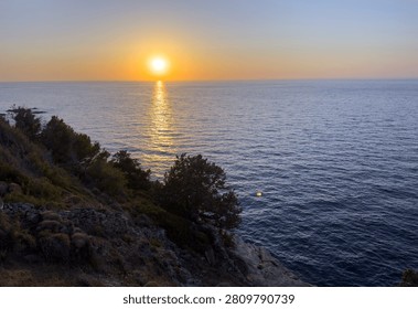 A gnarled tamarix tree frames the sun over the Aegean Sea on Ikaria Island, Greece. Warm coastal twilight.