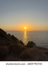 A gnarled tamarix tree frames the sun over the Aegean Sea on Ikaria Island, Greece. Warm coastal twilight.