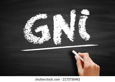GNI - Gross National Income is the total amount of money earned by a nation's people and businesses, acronym business concept on blackboard