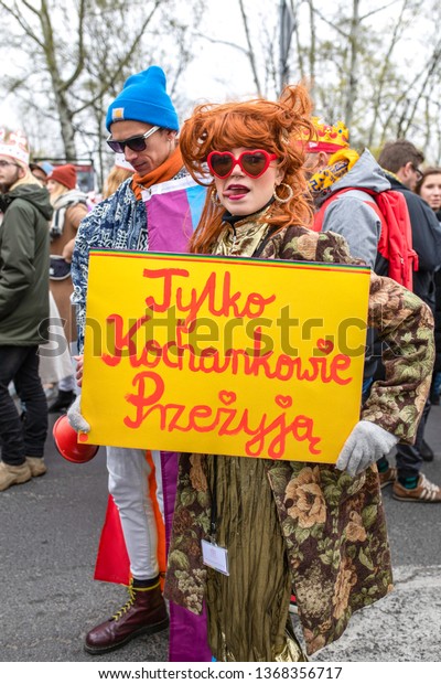 Gniezno / Poland - 04.13.2019: Gay parade or\
Equality March and nationalists protesting and fighting with riot\
police forces.