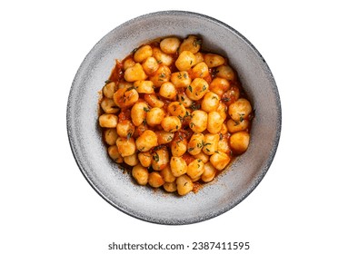 Gnocchi potato pasta with tomato sauce and thyme Isolated, white background. Top view