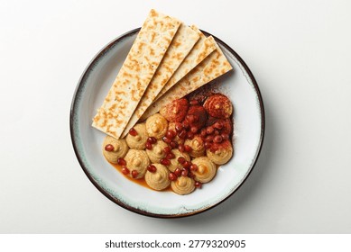 Gnocchi In Tomato Ragu With Flatbread, Rustic Ceramic Bowl With Pillowy Potato Dumplings Coated In Slowsimmered Tomato Sauce And Braised Meatballs,
