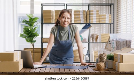 Go green vendor use eco packaging parcel carton box in net zero waste store asian seller retail home office shop. Small SME owner young adult woman asia Gen Z people happy smile pride look at camera.