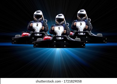Go kart indoor, cart racing fast, car where gokarting, we speed racing, racers banner. Three riders Go kart speed rive indoor racing on a blue background with rays. Copy space.