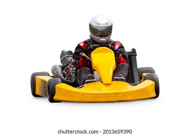 Go Kart Racer Isolated Over White Background.  Kart is Yellow.