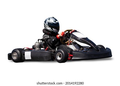 Go Kart Racer Isolated Over White Background.  Kart Is Black. Side View.