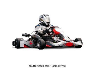 Go Kart Racer Isolated Over White Background.  Kart Is Black, Grey And Red.