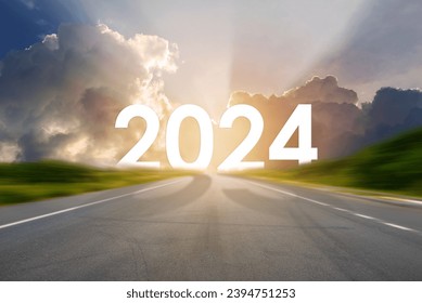 Go to the New Year 2024. Happy New Year greeting card 2024, Happy New Year 2024 letters on the highway road in the destination of empty asphalt road with sunset or sunrise light above asphalt road - Powered by Shutterstock