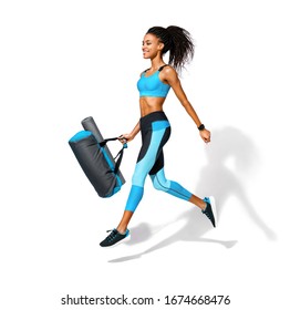 Go To Training. Sporty Girl With Bag In Motion. Photo Of African American Girl In Fashionable Sportswear On White Background. Dynamic Movement. Side View. Full Length. Sports And Healthy Lifestyle