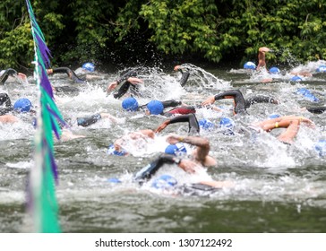 GO!!! - Vineman Triathalon Kicks Off. Johnsons Beach, Guerneville, California, USA