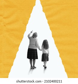 Go your own way. Middle age woman and little girl walking together isolated on white and orange background. Contemporary art collage. Concept of art, family, fashion, creativity, vintage style. - Powered by Shutterstock