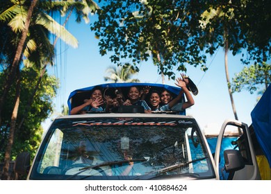 Goa, India - October 16, 2014:  Kids Are Waving Through The Bus Window On October 16, 2014 In India, Goa