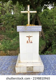 Goa, India - September 7, 2022: Roadside Vintage Roman Catholic Cross. 