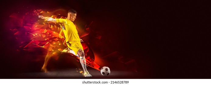 Goal. Creative artwork with soccer, football player in motion and action with ball isolated on dark background with polygonal and fluid neon elements. Concept of art, creativity, sport, energy and