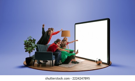 Goal. Group of young emotional friends watching football match, sport show or movie together. Excited girls and boys sitting in front of huge 3D model of device screen at home interior - Shutterstock ID 2224247895
