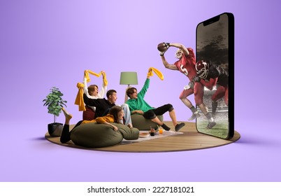 Goal. Group of young excited friends watching american football match show at home interior. Huge 3D model of cellphone screen with created presence effect of american football players - Powered by Shutterstock