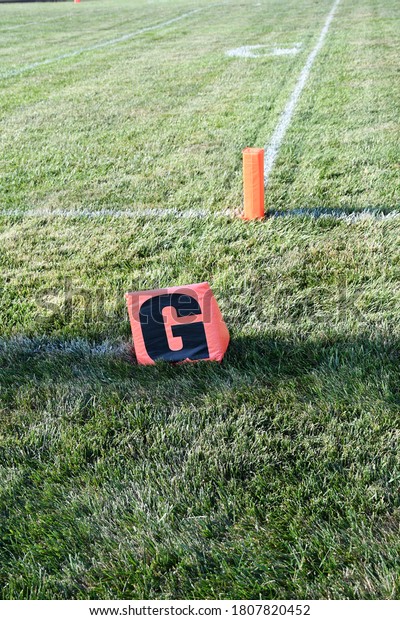 Goal line marker in a\
football end zone