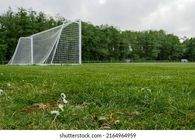 Goal Post For Soccer Or Football On A Small Training Pitch. Sport Background. Trees In The Background. Nobody. Low Angle Of View.