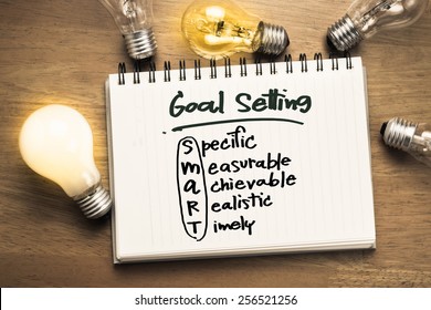 Goal setting as memo on notebook with many light bulbs - Shutterstock ID 256521256