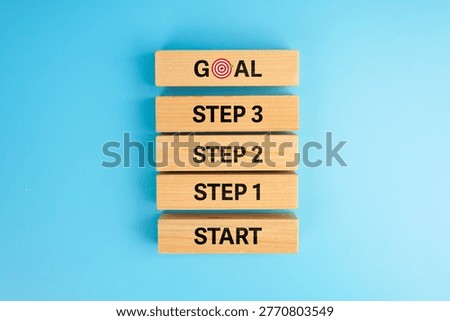 Goal setting and step-by-step planning concept. Wooden blocks labeled start, steps, and goals, representing progress, strategy, achievement, workflow, and structured business development.